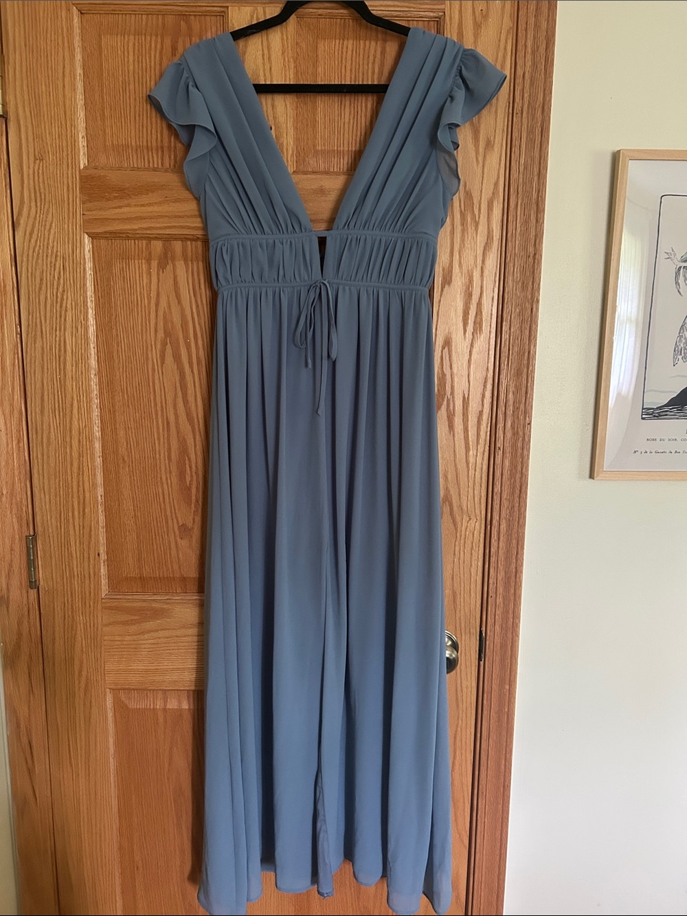 Blue Maxi Dress with Deep V and Flutter Sleeves
